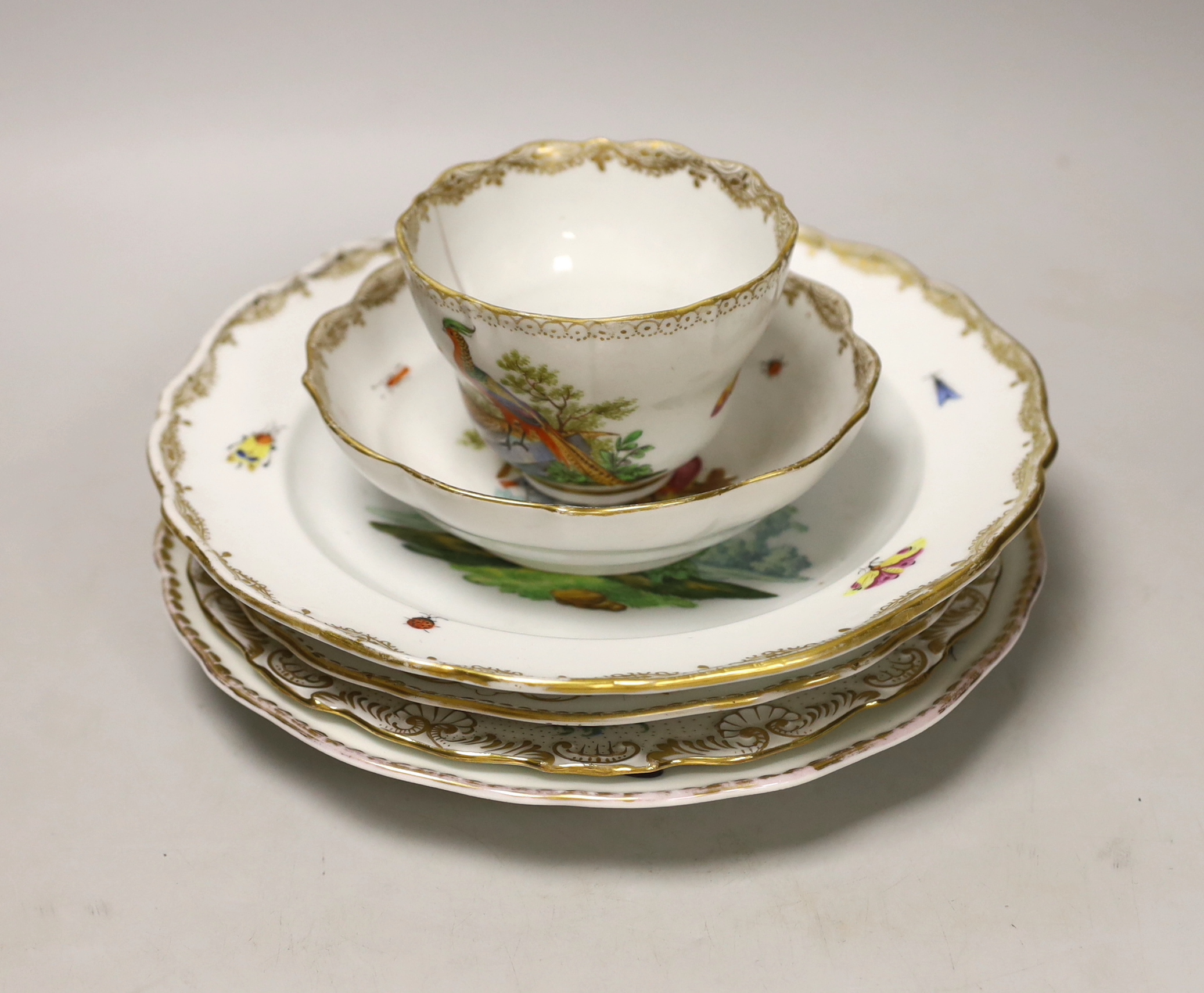 Five 19th century Meissen porcelain items including three plates, a dish and a cup and saucer, most items outside decorated, largest plate 23.5cm